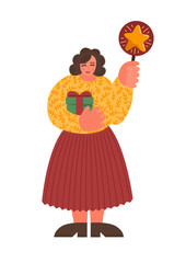 Woman with gift holding scorecard with star. Feedback concept. Cute smiling curvy lady evaluates quality of something.