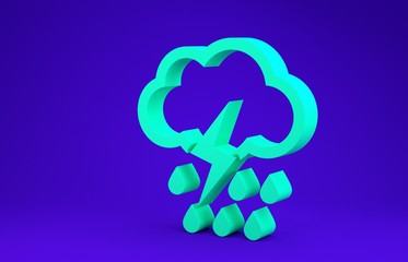 Green Cloud with rain and lightning icon isolated on blue background. Rain cloud precipitation with rain drops.Weather icon of storm. Minimalism concept. 3d illustration 3D render