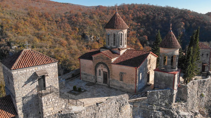 Aerial view of monastery Motsameta near Kutaisi, Georgia. Drone photo