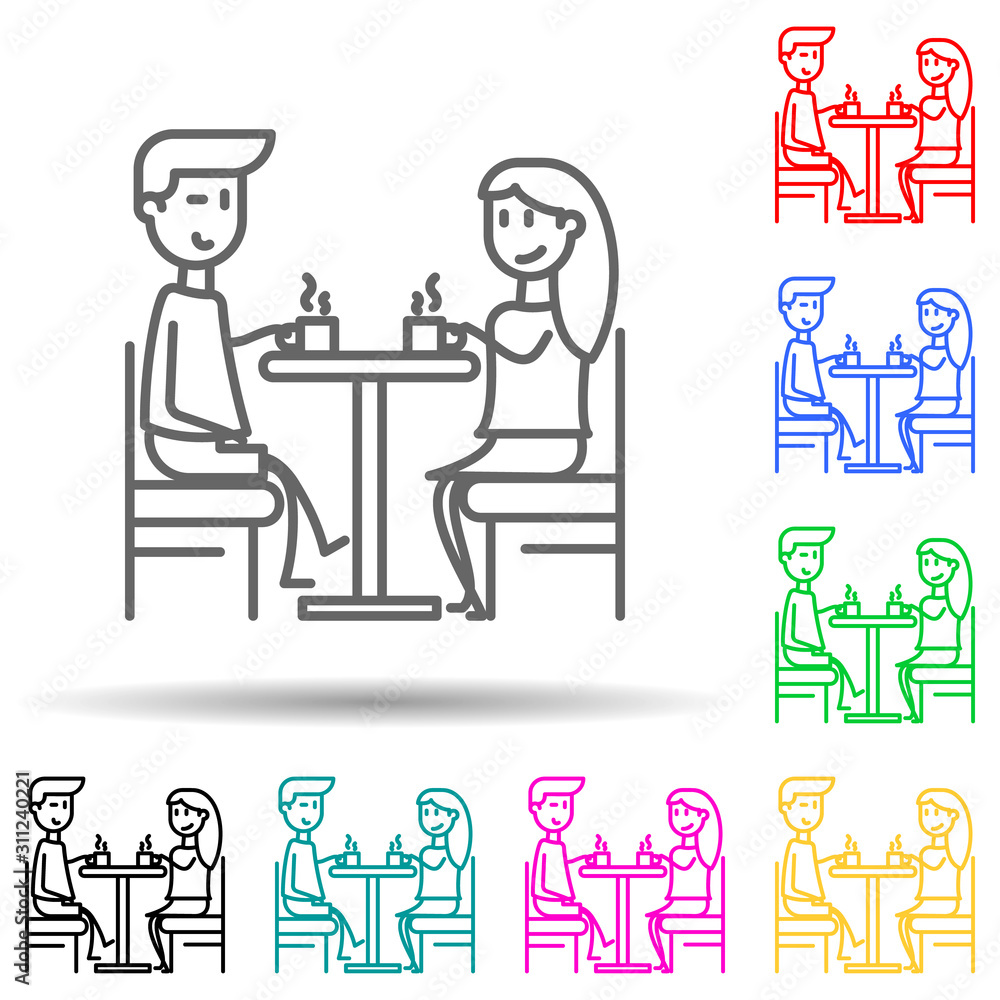 Poster couple with cup of tea multi color style icon. simple thin line, outline vector of friendship icons 