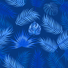 Fototapeta na wymiar Classic blue seamless pattern of leaves palm tree, monstera, flowers, vector background