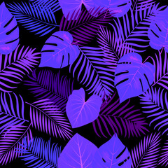 Fototapeta na wymiar Neon violet, blue seamless pattern of leaves palm tree, monstera, flowers, vector background