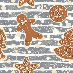 Cute Winter Seamless Pattern with gingerbread cookies.