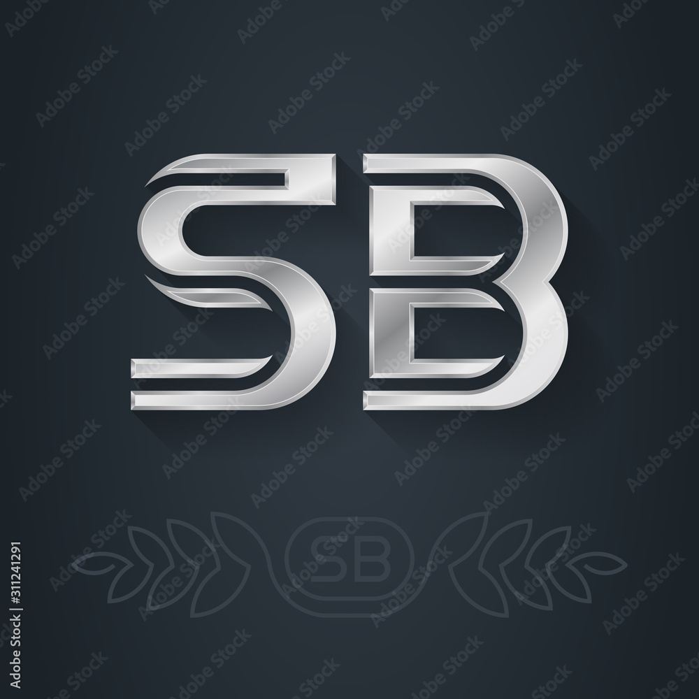 Poster s and b - initials or silver logo. sb - metallic 3d icon or logotype template. design element with l