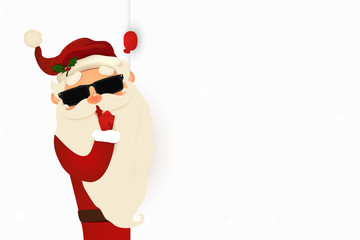 Secret Santa Claus invitation background standing behind a blank sign, showing on big blank sign. Cartoon Santa Claus character holding a placard with white copy space. Santa clause party.