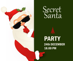 Happy Secret Santa Claus standing behind a blank sign, showing on big blank sign. Cartoon Santa Claus character holding a placard with copy space. vector illustration.