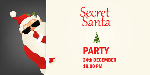 Secret Santa Claus invitation background standing behind a blank sign, showing on big blank sign. Cartoon Santa Claus character holding a placard with white copy space. Santa clause party.
