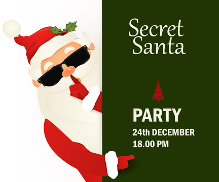 Happy Secret Santa Claus standing behind a blank sign, showing on big blank sign. Cartoon Santa Claus character holding a placard with copy space. vector illustration.