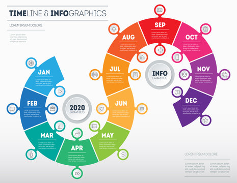 Transformation plan for the year. Timeline, Business Infographic concept with 12 months, parts, steps or technology processes. Template for presentation. Annual report. Time line with 24 icons.