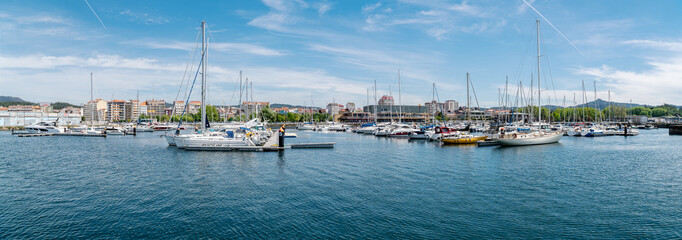 Villagarcia de Arosa, Pontevedra, Spain; May 5, 2019: panoramic view of Vilagarcia de Arousa harbor with many yachts