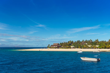 Boats on the island, Fiji. Copy space for text.