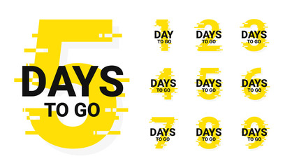 Countdown badges. Number of days left to go, from 1 to 9. Countdown left days, stylized counter in yellow and black colors