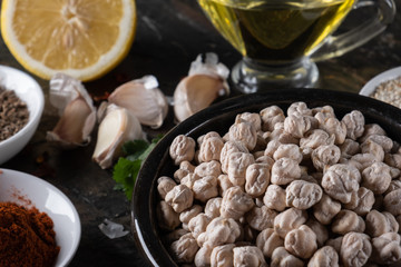 chickpeas hummus Ingredients and smoked paprika and caraway and sesame seeds