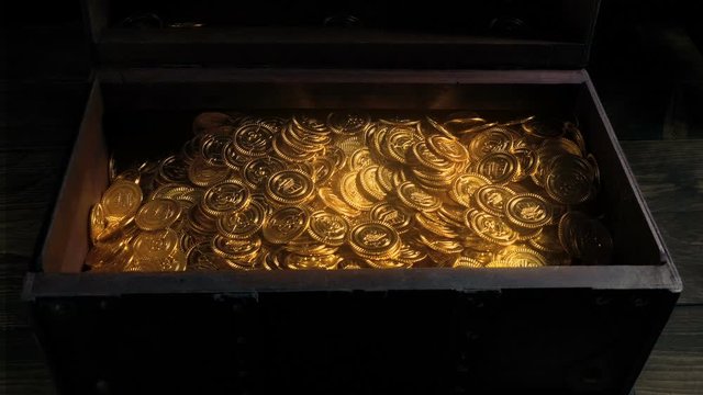 Magic Glowing Gold Coins Fill Up Wooden Chest