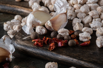 chickpeas hummus Ingredients and smoked paprika and caraway and sesame seeds