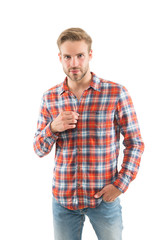 Be casual be yourself. Caucasian guy isolated on white. Handsome man in casual wear. Casual fashion trends. Fashion and style. Feeling comfortable in casual wear