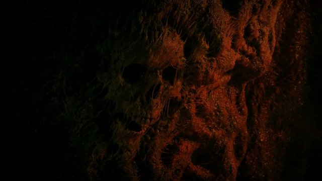 Skull In Cave Wall Lit Up In Fire Light