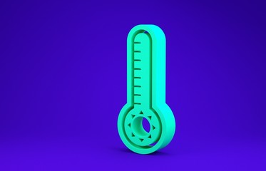 Green Meteorology thermometer measuring heat and cold icon isolated on blue background. Thermometer equipment showing hot or cold weather. Minimalism concept. 3d illustration 3D render