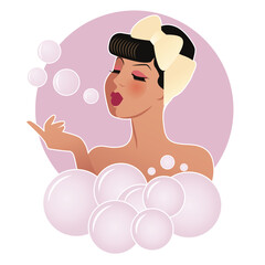 Beautiful girl taking a bath with foam and bubbles. Retro cartoon style isolated on white background