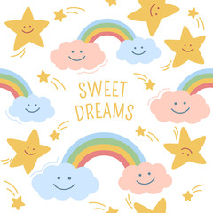 Clouds, stars and rainbow on white background with tiny comets and sweet dreams. Cute nursery seamless pattern.