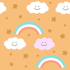Clouds, rainbow and tiny stars on pastel orange background. Seamless pattern illustrates the positive amused kind spirit.