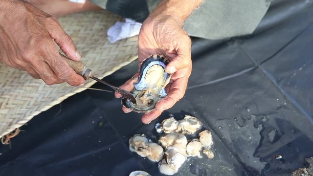 Man opening pearl oyster, hands in frame