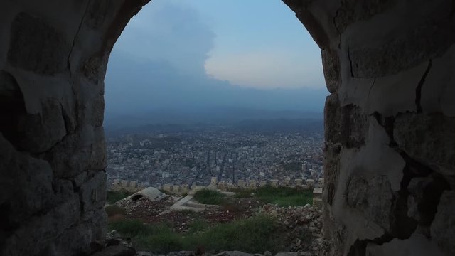 A scene of the destruction of the historic castle Al-Qahera due to the war in Taiz, Yemen.