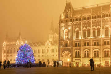 Budapest decorated Christmas tree outside the Hungarian Parliament. Night view of festive tree with lights before illuminated Gothic Revival Orszaghaz building on a foggy winter night.