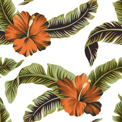 Tropical floral vintage hibiscus flower banana palm leaves seamless pattern white background. Exotic Hawaiian wallpaper.