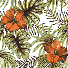 Tropical vintage hibiscus floral green palm leaves seamless pattern white background. Exotic jungle wallpaper.