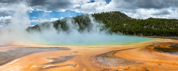 Panorama of grand prismatic spring area in the Yellowstone National Park.