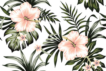 Tropische perzik hibiscus en plumeria bloemen donker groene palmbladeren naadloze patroon witte achtergrond. Exotisch junglebehang.