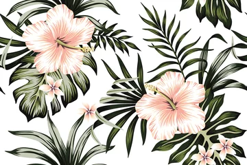 Keuken foto achterwand Wit Tropische perzik hibiscus en plumeria bloemen donker groene palmbladeren naadloze patroon witte achtergrond. Exotisch junglebehang.