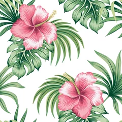 Fotobehang Hibiscus Tropische vintage roze hibiscus bloemen groene palmbladeren naadloze patroon witte achtergrond. Exotisch junglebehang.