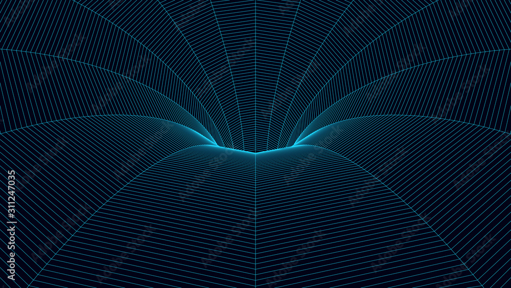 Poster vortex. vector perspective curved grid. wireframe abstract tunnel. 3d vector wormhole with a mesh st