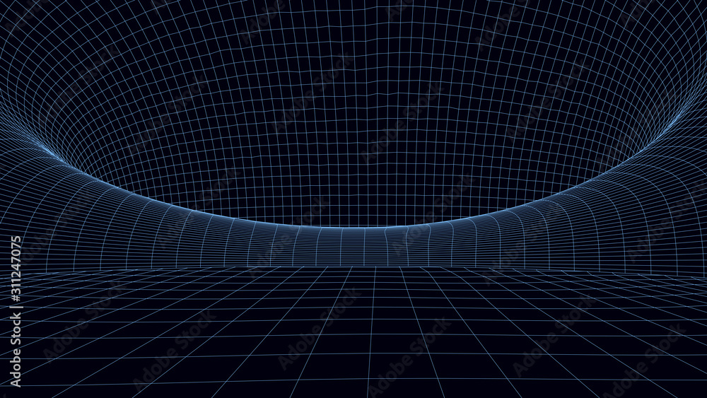 Poster vortex. vector perspective curved grid. wireframe abstract tunnel. 3d vector wormhole with a mesh st