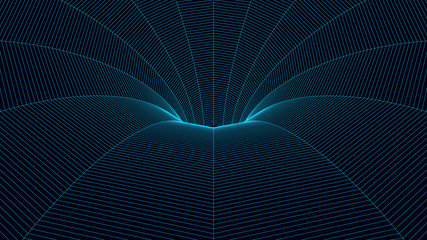 Vortex. Vector perspective curved grid. Wireframe abstract tunnel. 3D vector wormhole with a mesh structure.