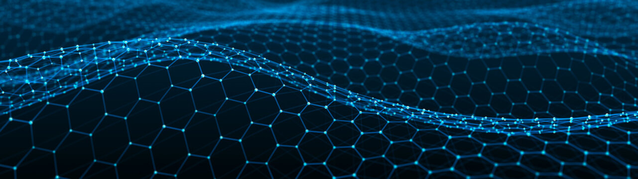 Abstract wave of particles and lines. Hexagon. Big data. Network or connection. Widescreen illustration. Digital background. 3d rendering.