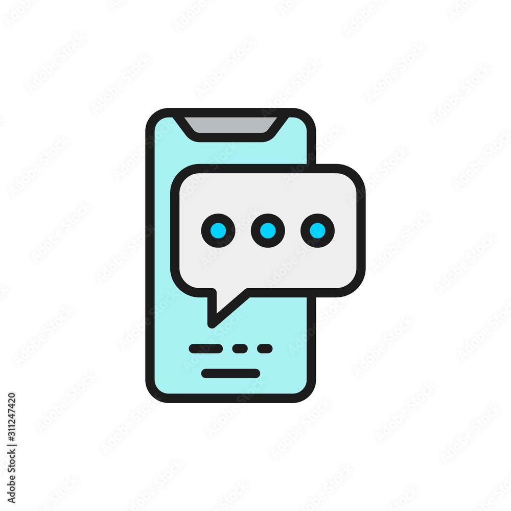 Poster phone with text bubble, speech chat, message flat color line icon.