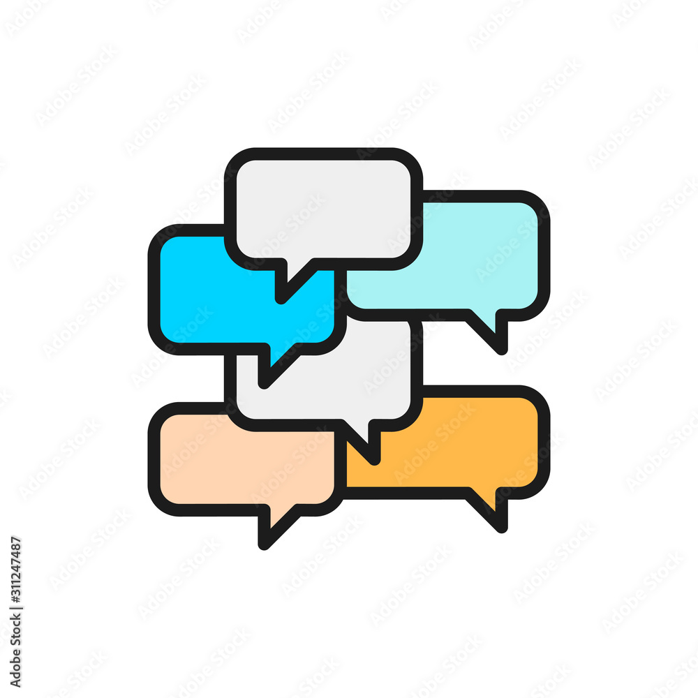 Poster text message boxes, speech bubbles, chat, message flat color line icon.