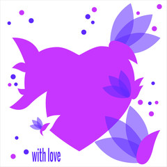 Fototapeta na wymiar Greeting card with romantic text - with love. Background Heart with magnolia flowers, lilac and blue colors. Vector illustration for greeting card, t-shirt, banner.