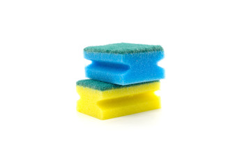 Two multi-colored sponges for washing dishes on a white background