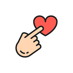 Finger point to heart button, feedback, customer review flat color line icon.
