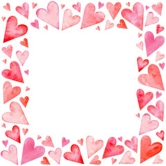 Watercolor square frame made of hand painted pink and red hearts. Cute and romantic, perfect for Valentine's day.
