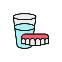 Dentures with glass of water flat color line icon.