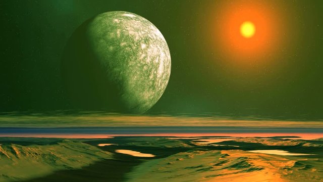 Alien Moon Sunset. The huge moon slowly moves to the horizon of an alien planet. On a dark starry sky shines orange sun. Above the horizon, low clouds. Hills covered with snow, fog in the lowlands.