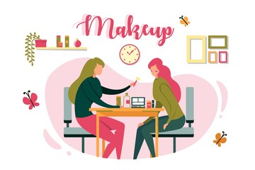 Salon Worker does Makeup to Client, Illustration.
