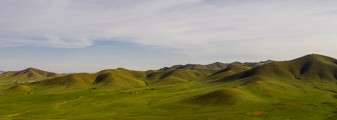 Aerial view of the Mongolian countryside, not far from Ulaanbaatar, the capital of Mongolia, circa...