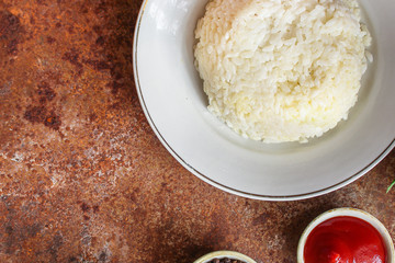 rice boiled (porridge of round-grain rice, main course) menu concept. food background. top view. copy space