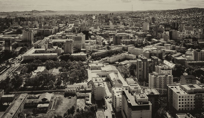 Aerial view of Ulaanbaatar, the capital of Mongolia, circa June 2019